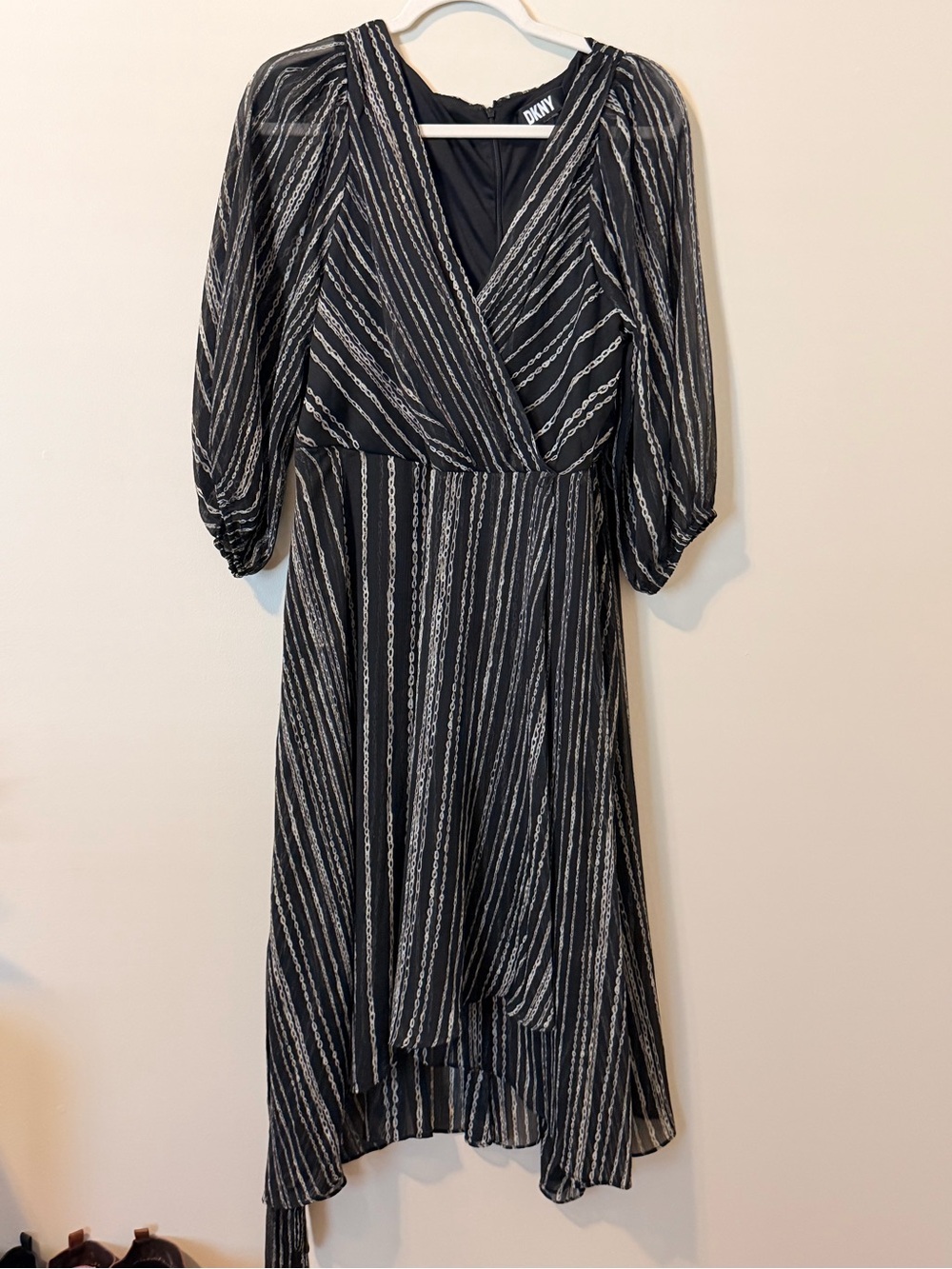 DKNY Black Dress with Silver Stripe Wrap Midi
